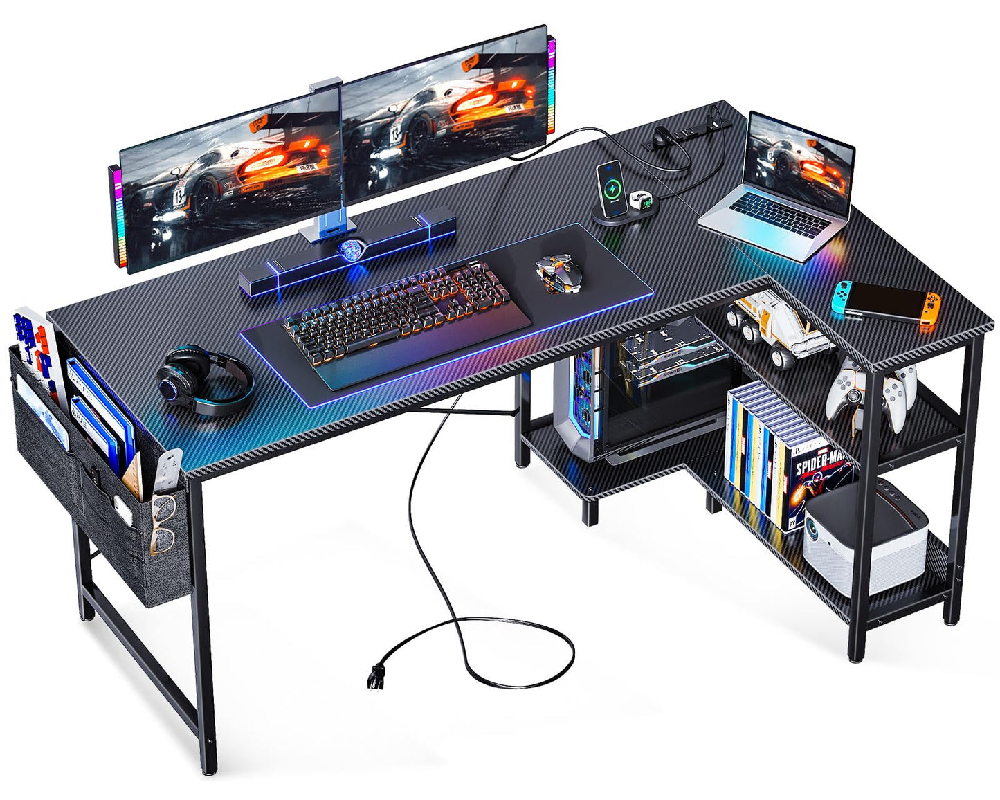 ODK 55 Inch L Shaped Gaming Computer Desk with Power Outlets Corner Desk with Reversible Storage Shelves & PC Stand for Small Space Modern Simple Home Office Table Carbon Fiber Surface Black