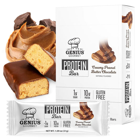 Genius Gourmet Protein Bar Chocolate Peanut Butter Keto Snack Low Carb Low Sugar & Gluten Free Protein Snacks for Adults 10G of Whey Protein per Protein Bar 5 Net Carbs 10 Count