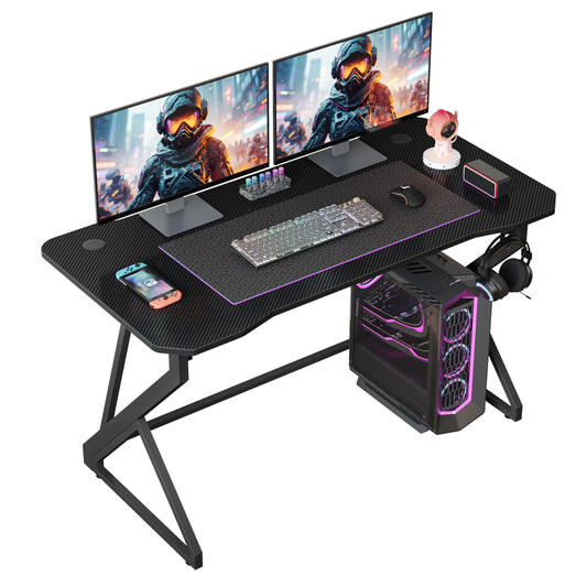 Grandder Gaming Desk Z Shaped 40 Inch Gamer Workstation Home Computer Carbon Fiber Surface Gaming Desk PC Table with Headphone Hook Carbon Fiber Black